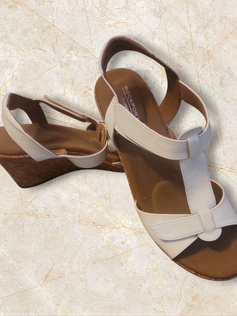 Rockport Women's Cream and Brown Wedge Sandals